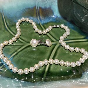 Vintage Set of Glass Pearls for 18” with Matching Vintage Clip on Earrings